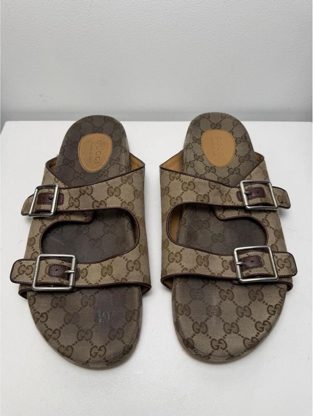 Gucci GG Monogram Double Buckle Slide Sandals EU 47 US 14